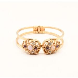 Vintage Opal Look Purple Rhinestone Clamper Bracelet Gold Tone Filigree